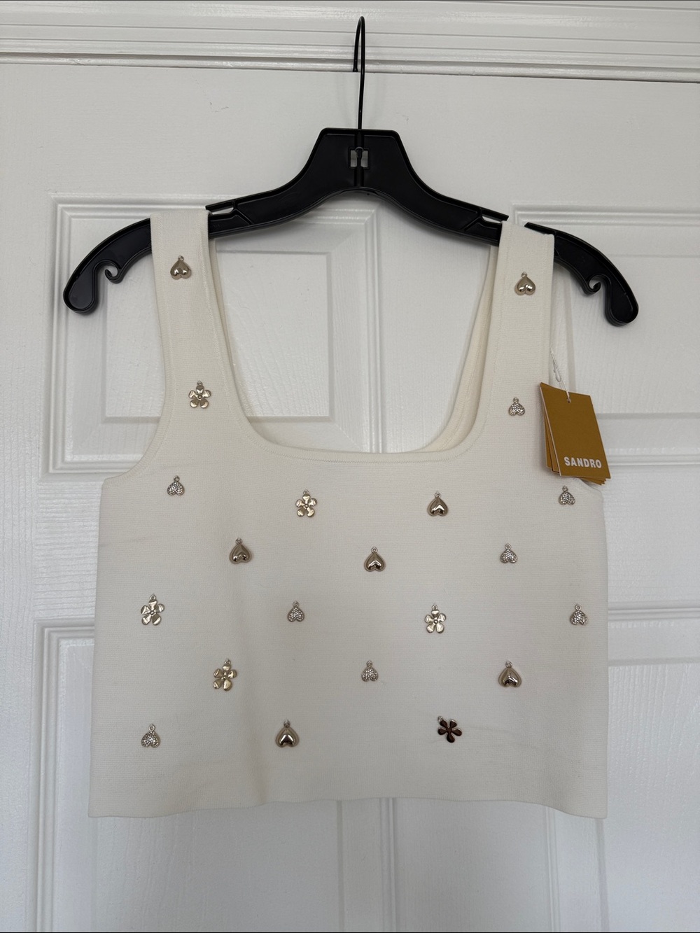 Sandro Cream Cropped Tank with Metallic Heart & Flower Studs